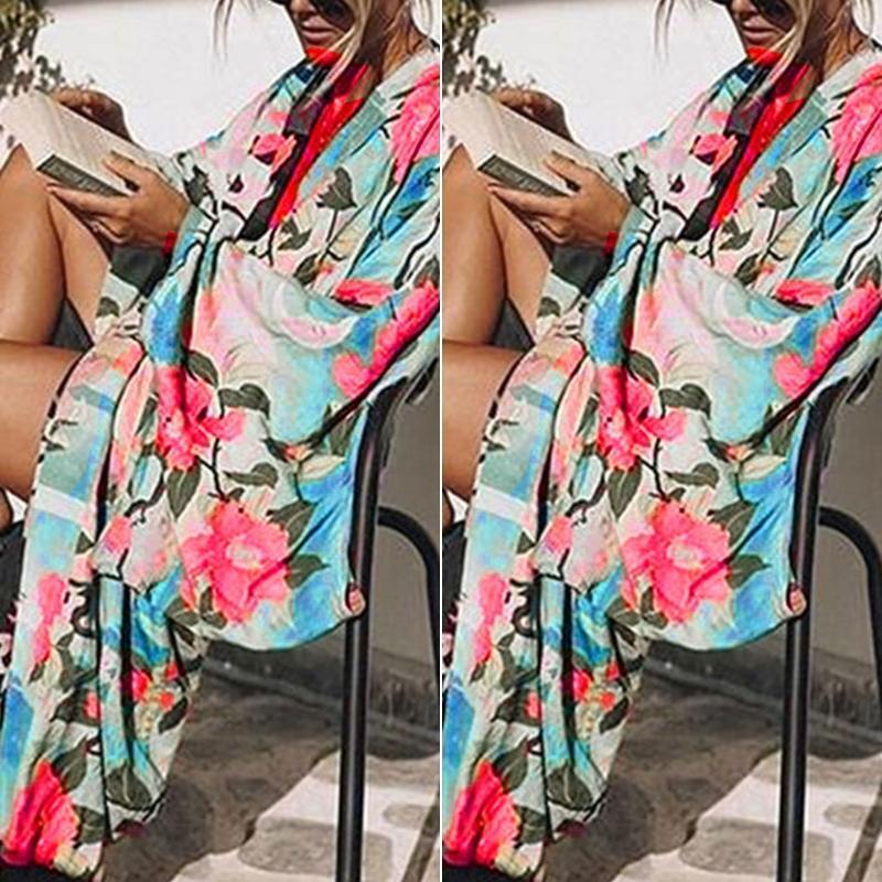 Fashion Women Long Shirt  Robe Over Sized Bikini Cover Up Blossom Print Kaftan