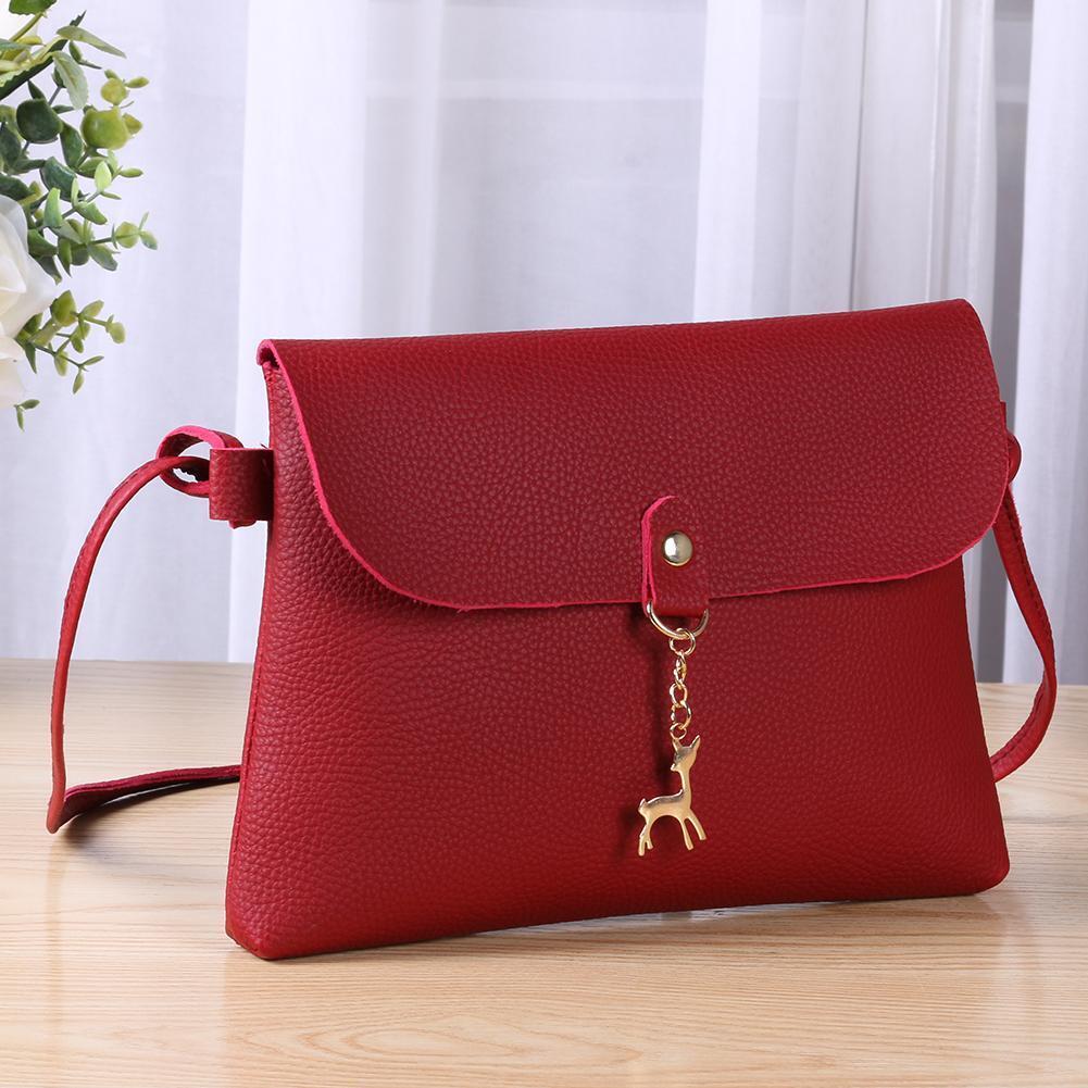 Simple Pure Color Deer Pendant Shoulder Handbags Women Crossbody Bags (Red)