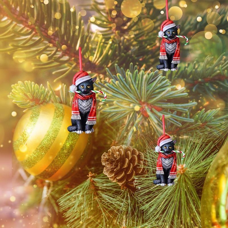 Christmas Cat Ornament Furry Kitten with Scarf Hat Holiday Tree Hanging Decor