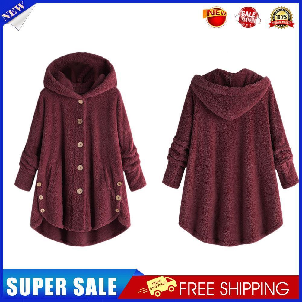 Solid Color Hoodies Overcoat Irregular Coat Women Outwear (Wine Red 2XL)