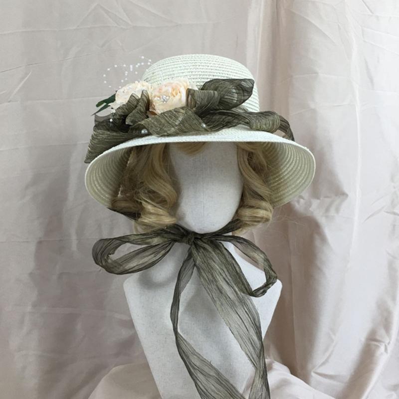 Lace Breathable Straw Hat Flower Rose Ribbon Caps with Wide Edge for Womens Girl