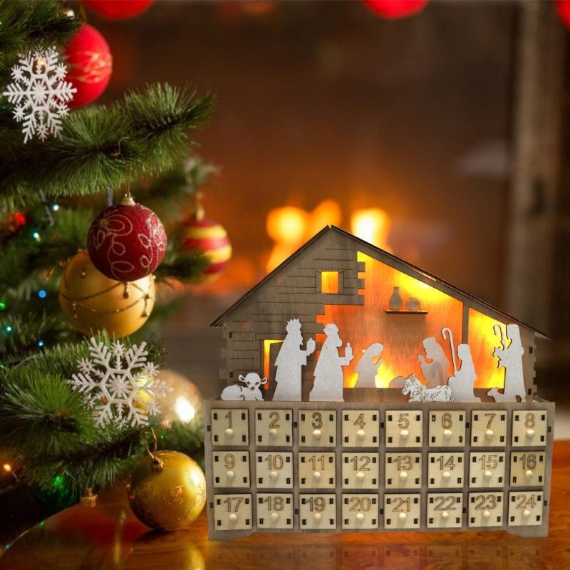 Christmas Advent Calendar Wooden Jesus Decoration LED Battery Operated Holiday