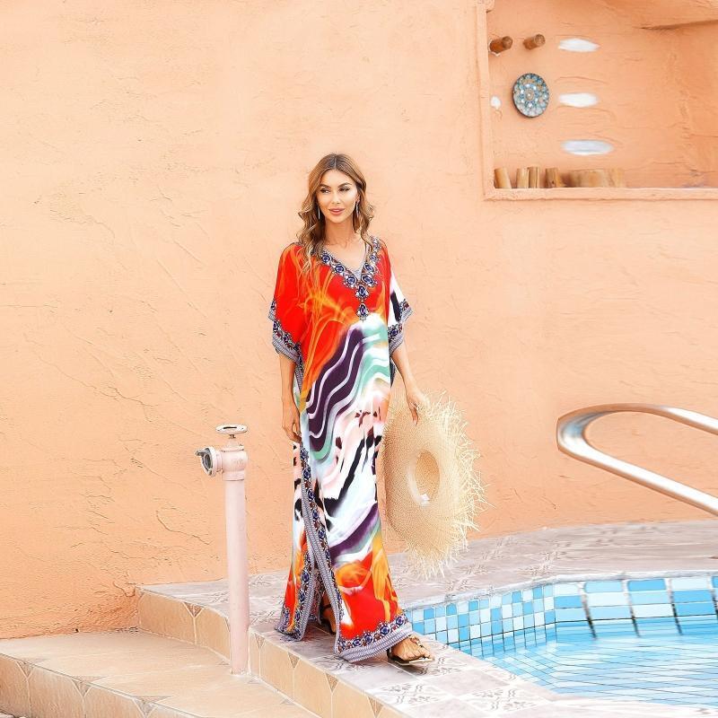 Women Beach Maxi Dress V-Neck Kaftan Robe Abstract Striped Print Bikini Cover Up