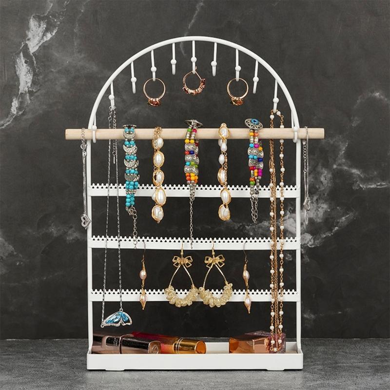 Tiered Jewelry Display Rack Metal Jewelry Organizer with Wooden Tray & Hook