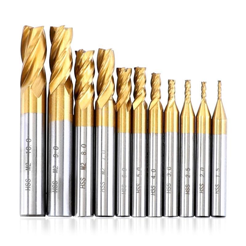 Straight Shank Drill Bit 11x 1.5-10mm 4 Flutes End Mill Bits for Wood Metal Tool