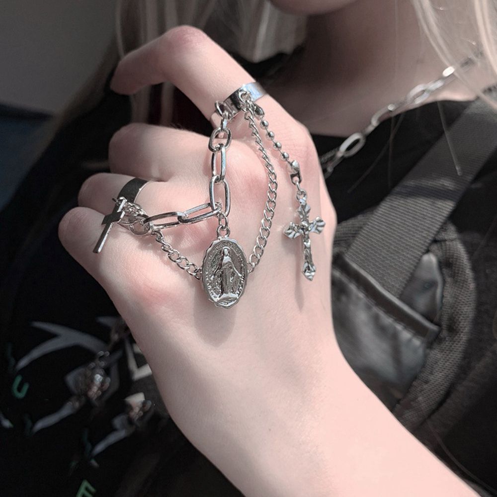 Open Finger Ring Cross Virgin Mary Pendant Multi-layer Chain Punk Rings