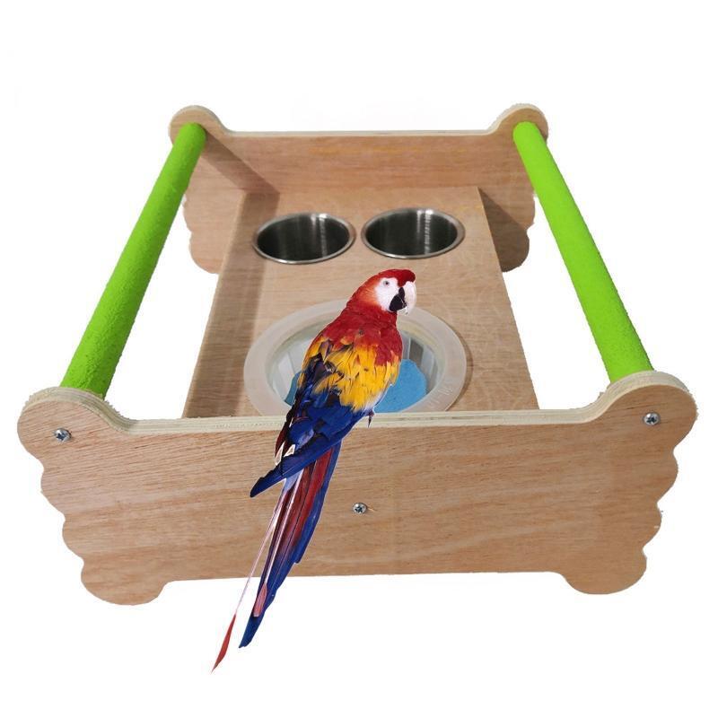 Bird Perch Table Stand Wood Playground with Feeding Cups for Parakeet Cockatiel