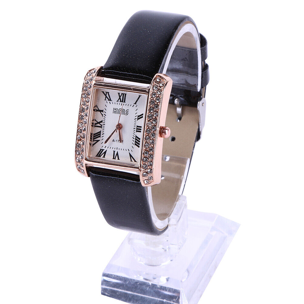 Hot New PU Leather Band Ladies Watch Alloy Square Diamante Face Black