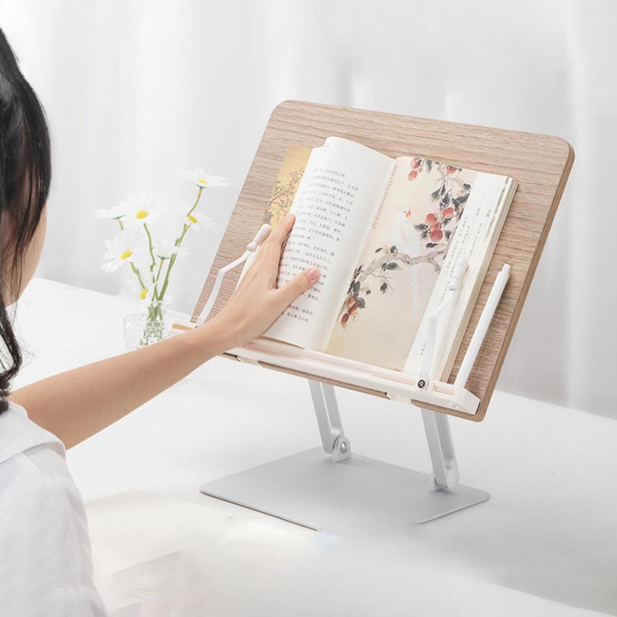 Bamboo Book Stand for Reading with Adjustable Aluminium Alloy Arm Base