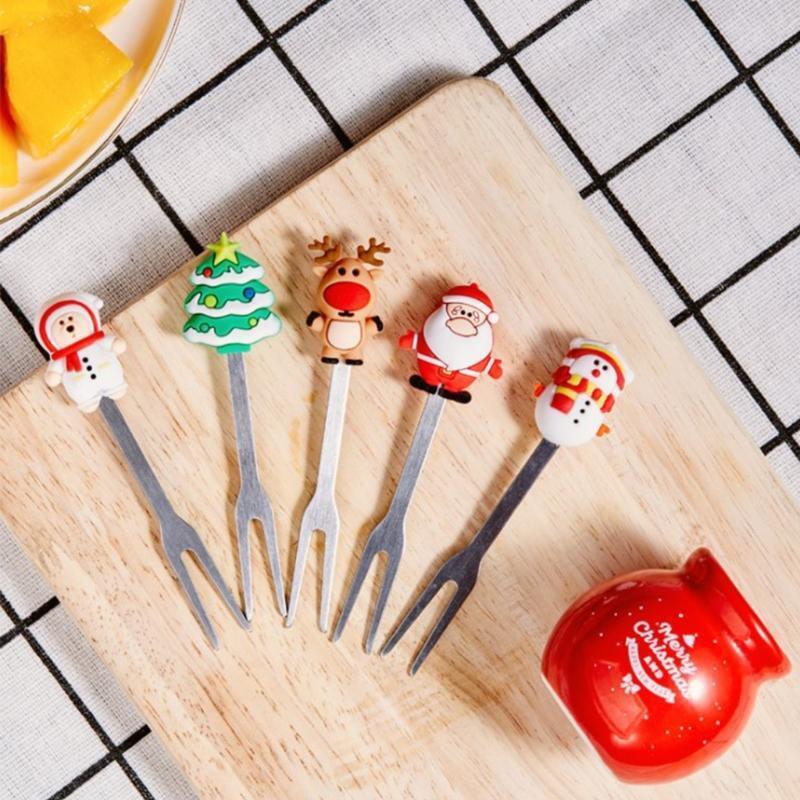 Christmas Ornaments Fruit Forks Stainless Steel and Silicone Material Fruit Fork