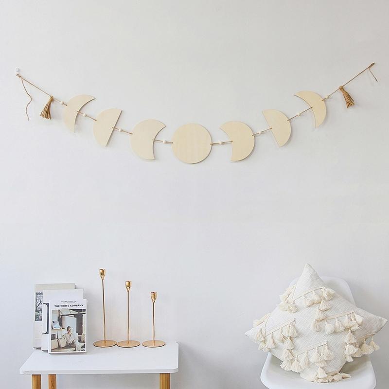 Boho Moon Star Wood Chip Pendant Bohemian Mural Decoration Tassel Bedroom Gift