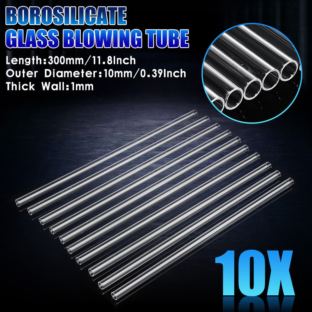 10X 300mm OD 10mm 1mm Glass Tubing Blowing Thick Tube Blow Wall Borosilicate
