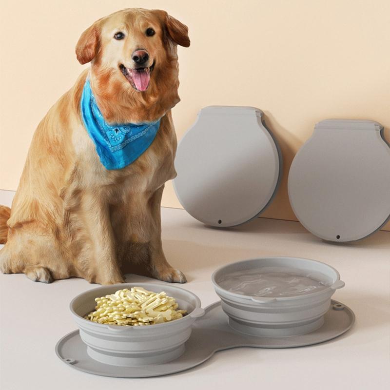 Foldable Dog Double Bowl Eco-Friendly Dog Cat Water Bowl for Traveling Hiking