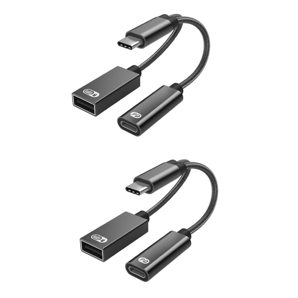 2x  OTG Adapter with Fast Charging Braided Cord PD 60W for Laptop black