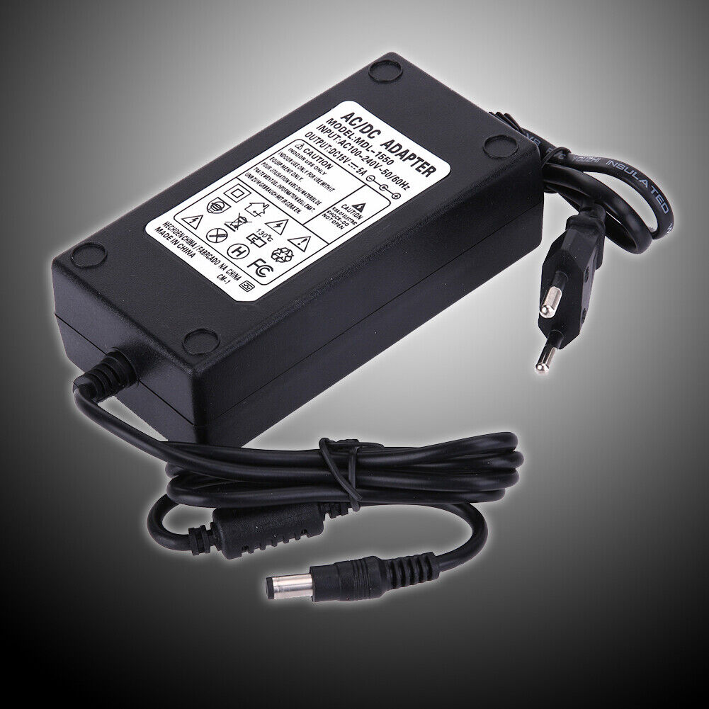 15V 5A AC to DC Power Adapter Dual Cable Converter Universal 5.5x2.1-2.5mm