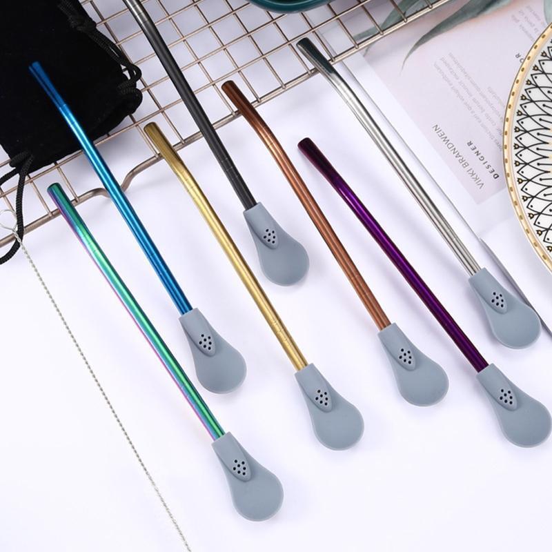 Stainless Steel Straw Spoons Set Drinking Stirring Spoon Filter Straw Detachable
