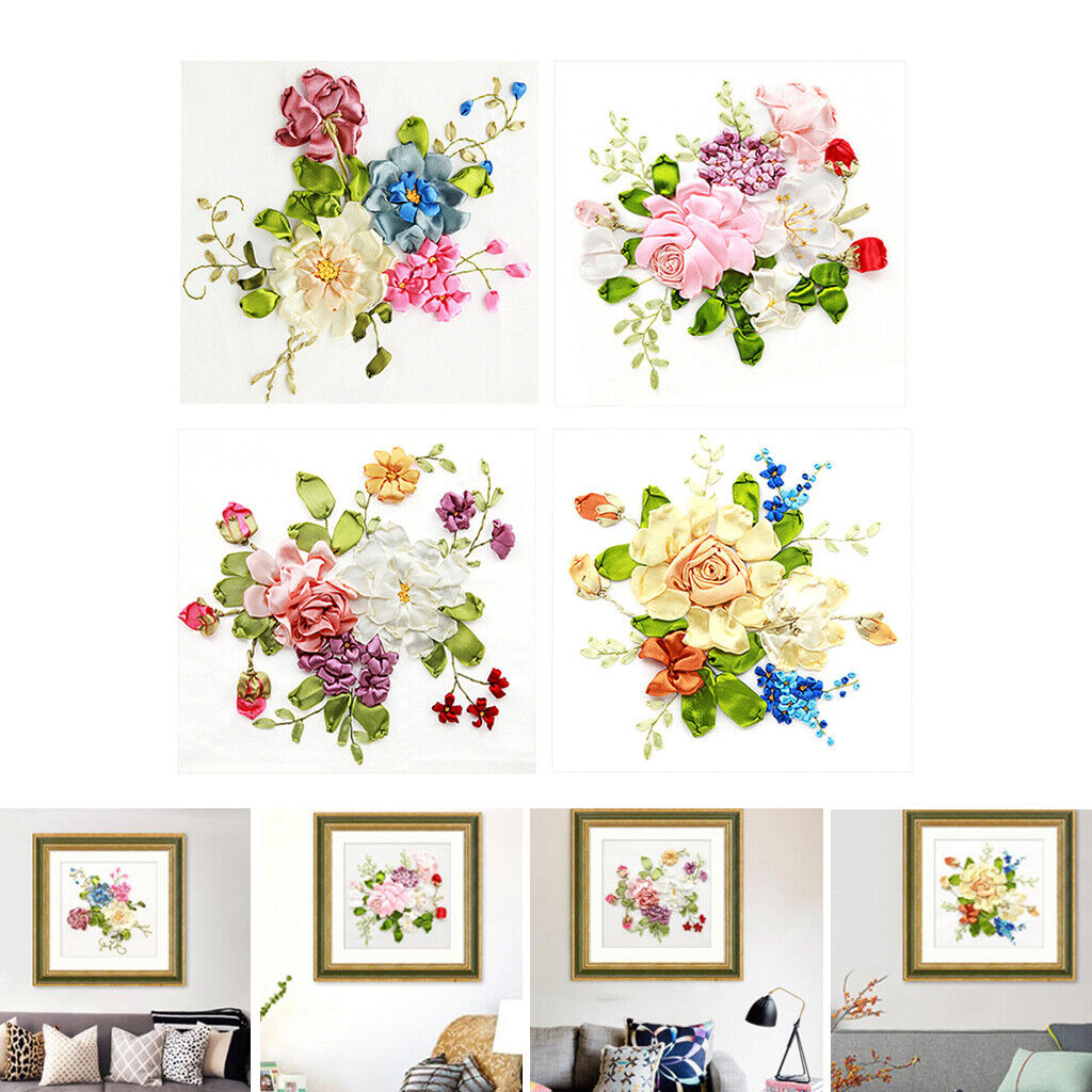 Set of 4 Ribbon Embroidery Kits DIY Flowers    Work