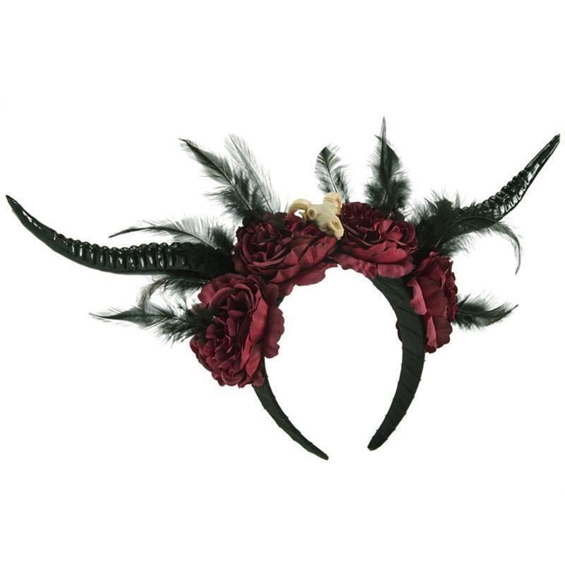 Carnival Halloween Ox Sheep Horn Hair Hoop Flower Feather Decor Horn Headpiece