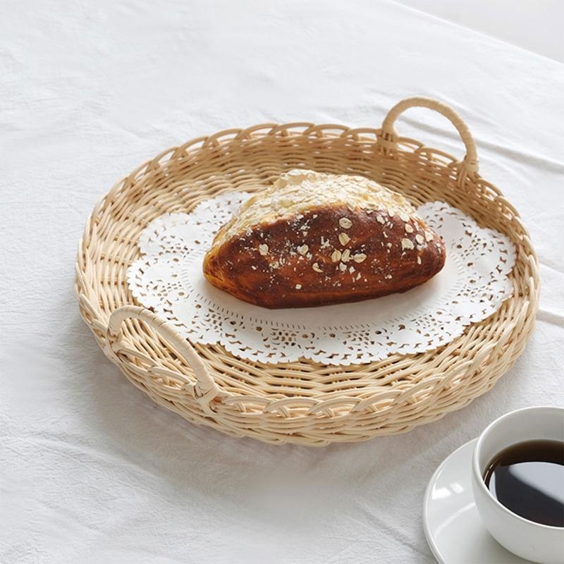 Handmade Woven Rattan Storage Tray with Cover Round Food Basket Display Case