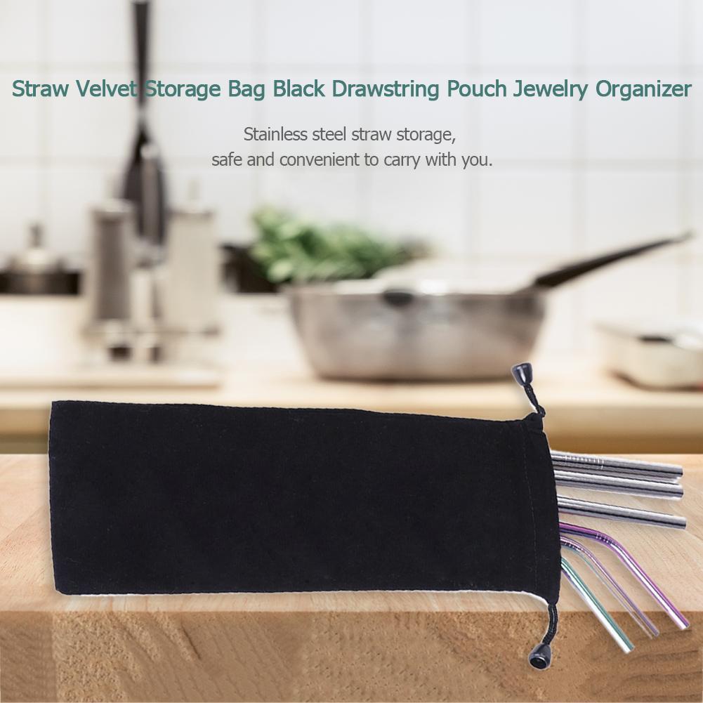 Reusable Straw Velvet Storage Bag Black Drawstring Pouch Jewelry Organizer