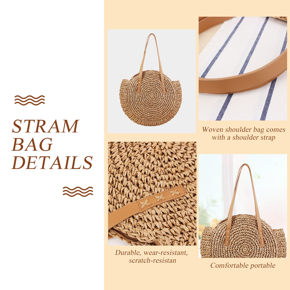 Straw Crossbody Bag Women Weave Shoulder Bag Round Bali Handbags (Camel S)