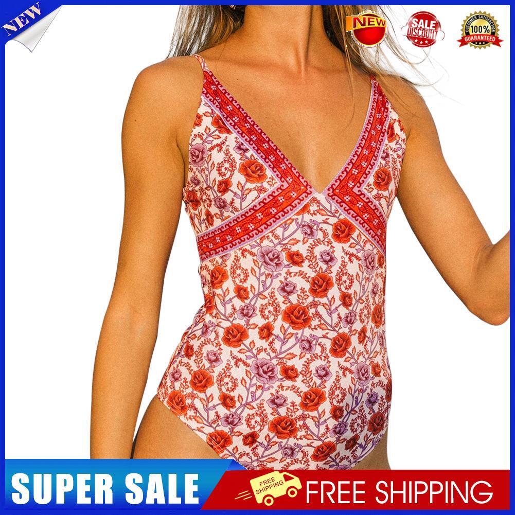 Women One-Piece Swimsuit Monokini Floral Print Beachwear Jumpsuit (Red S)