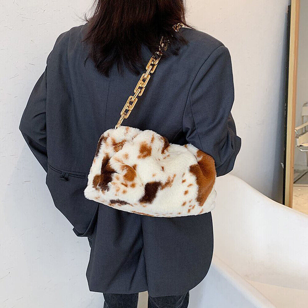 Women Plush Cloud Chain Handbags Cow Printed Shoulder Underarm Bags (Brown)