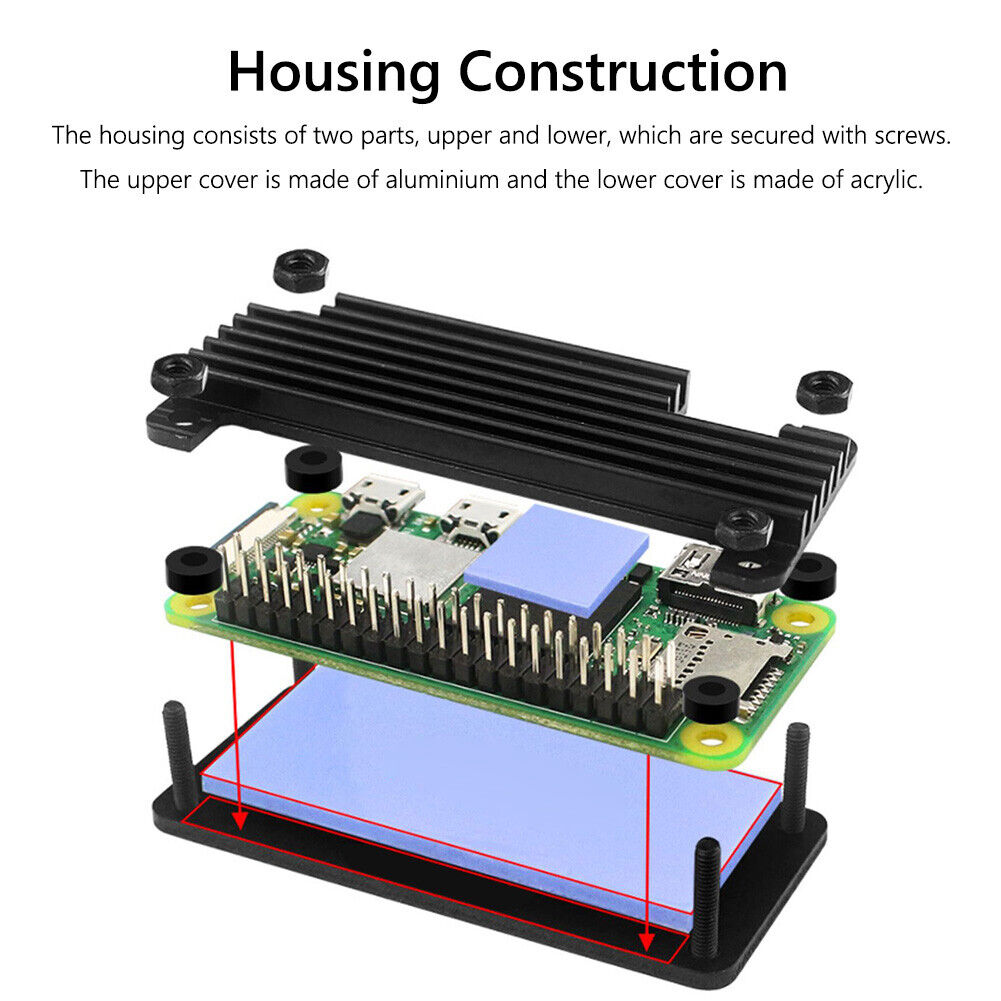 For Raspberry Pi Zero 2W Aluminum Shell Kit w/Vertical Pin Header (Black A)