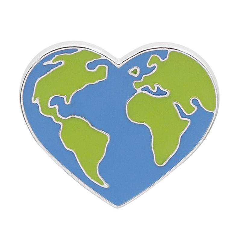 Green Earth World Map Label Pin Hat Clothes Bag Enamel Pin Heart Shaped Brooches