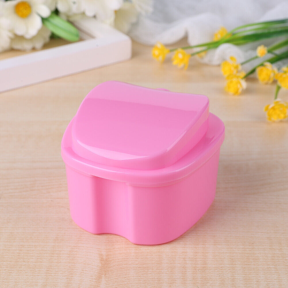 Dental False Teeth Storage Box with Hanging Net Container Organizer (Pink)