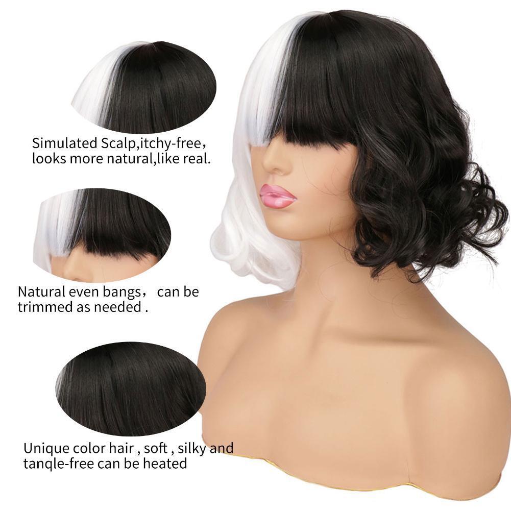 2pcs Black White Wig with Bangs Women Girls Short Curly Bob Costume Cap