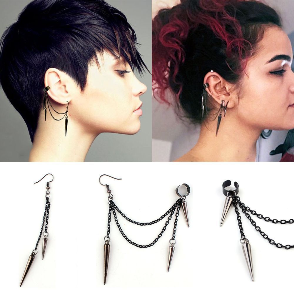 Party Hip Hop Rock Long Tassel Drop Punk Earrings Ear Clip Ear Stud Rivet