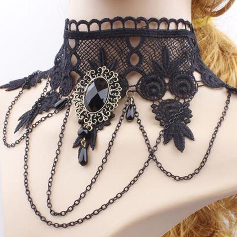 Gothic Choker Halloween Crystal Black Lace Neck Choker Necklace Clavicle Chain