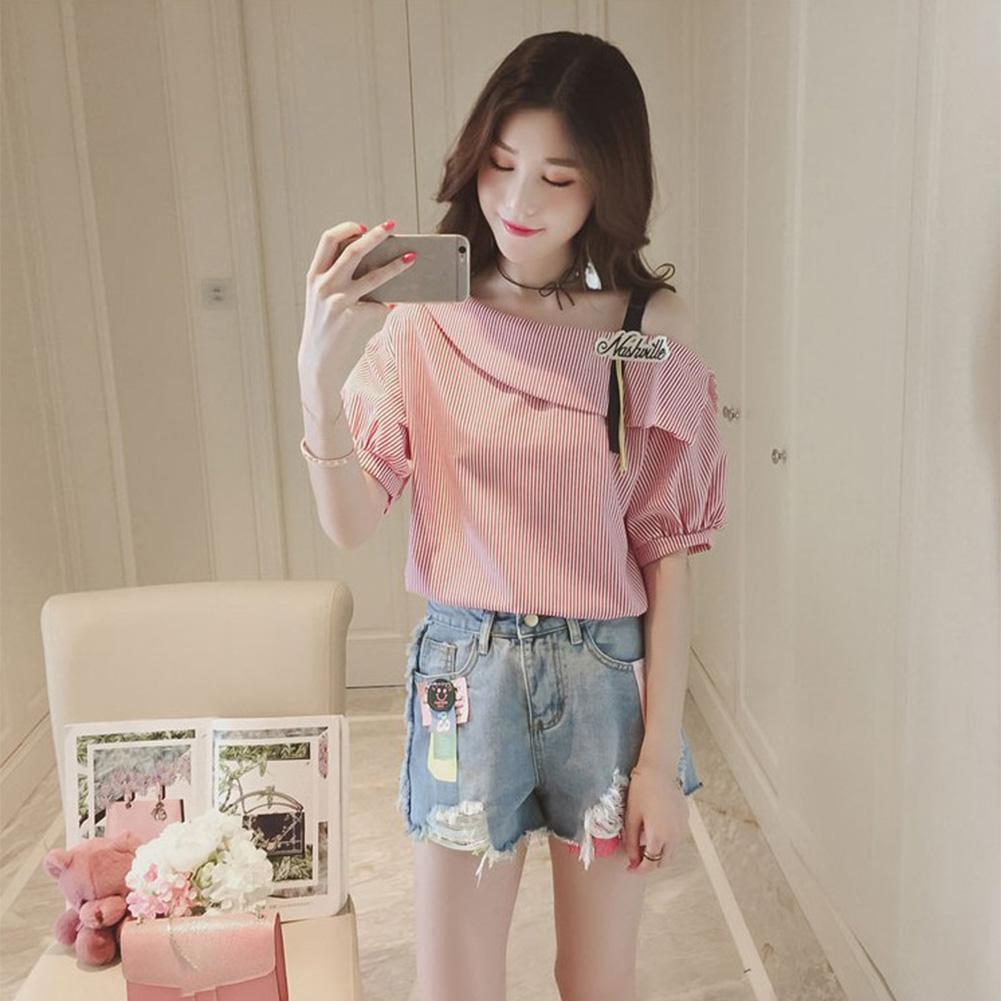 Fashion Women Short Sleeve Stripe Off Shoulder Loose T-Shirts Tops (Pink M)