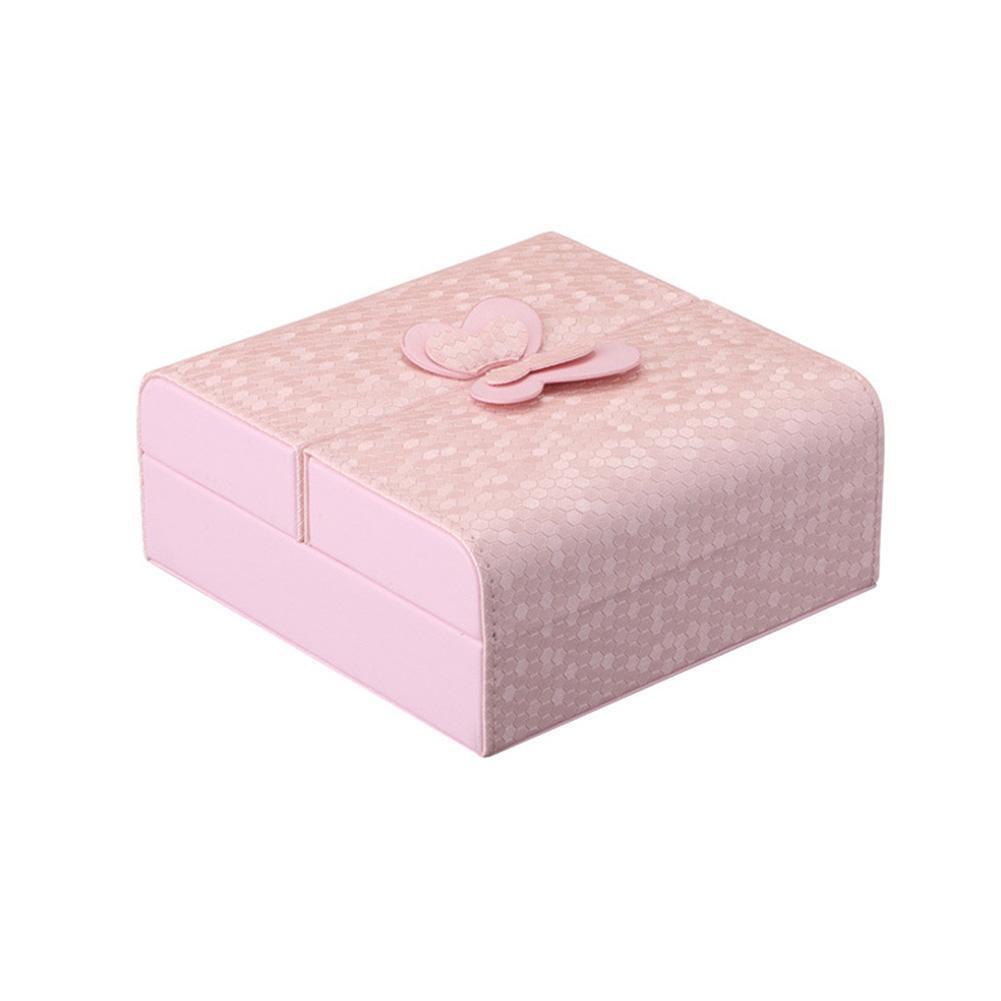 PU Leather Women Jewelry Box Earrings Holder Ring Storage Organizer (Pink)
