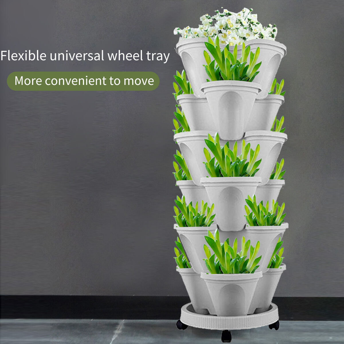Stackable Planter Vertical Garden Tower for Strawberry (Moveable White)