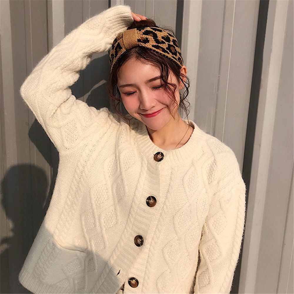 Winter Warm Crochet Head wrap Knitted Headband Bowknot Turban Leopard Headwear