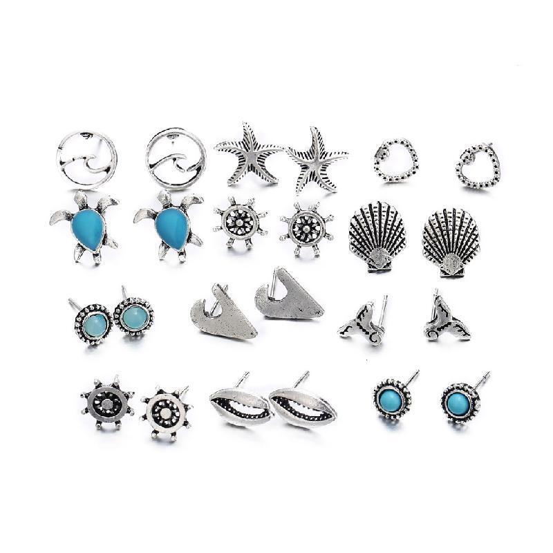 12 Pairs Mixed Turtle Starfish Shell Stud Earrings Set Attractive Beach Earrings
