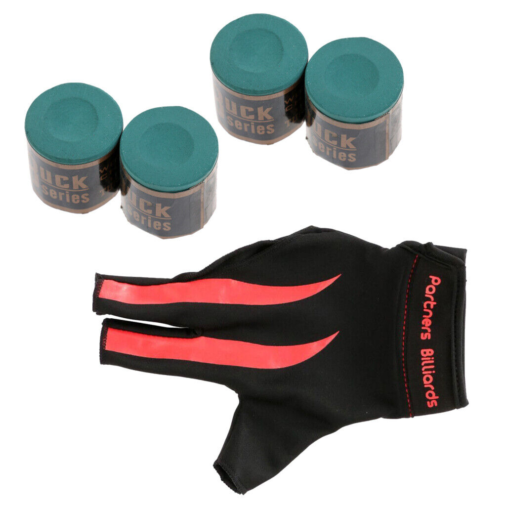3-Finger Fingerless Right Hand Billiard Glove with 4 Pieces Pool Cue Chalk