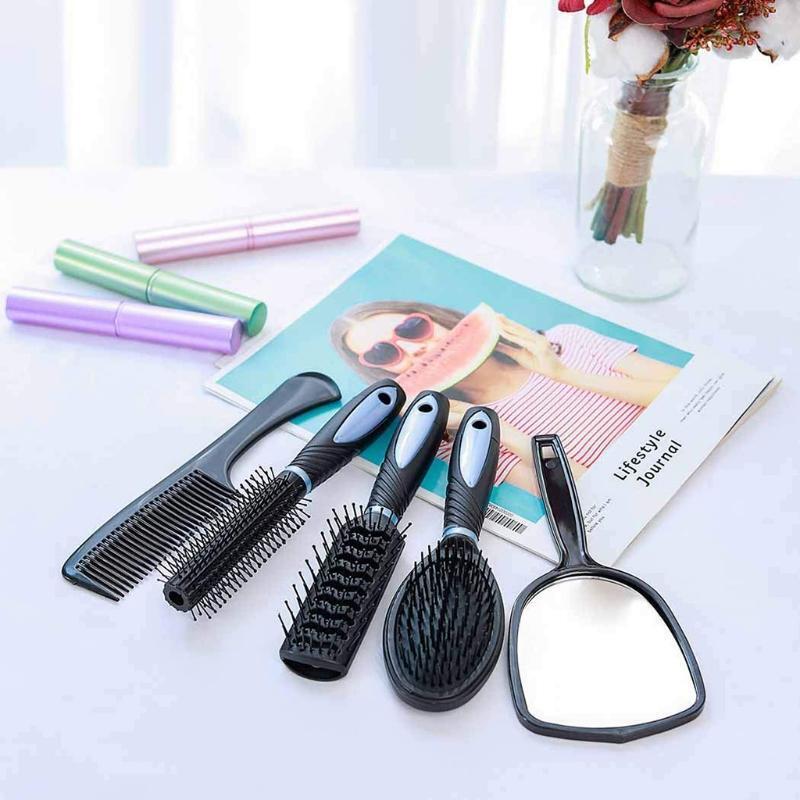 5Pcs Hair Brush Combs Set Salon Hairdressing Styling Tool Mirror Holder Stand