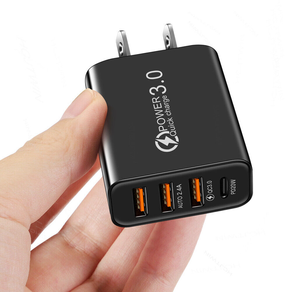 3USB+PD20W Type-C Phone Charger Smartphone Charging Adapter (US Plug Black)