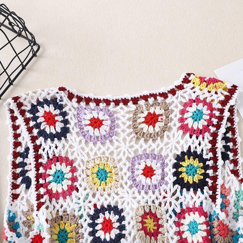 Women Boho Crochet Crop Vest Multicolor Plaid Sleeveless Lace-Up Short Cardigan