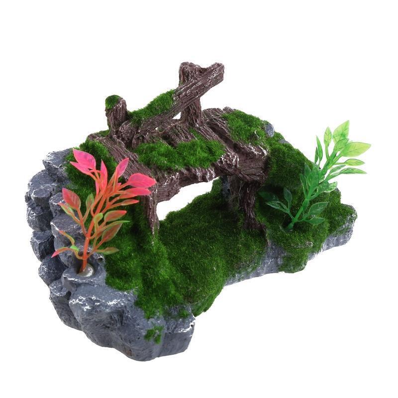 Aquarium Decor Wood Bridge Fish Tank Betta Shelter with Rocks for Aquatic Pet