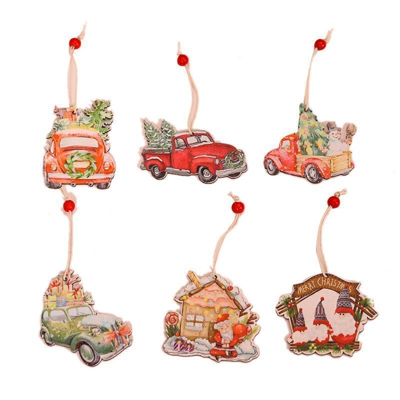 12pcs Wooden Painted Colorful Car Christmas Tree Pendant Ornaments Xmas New Year