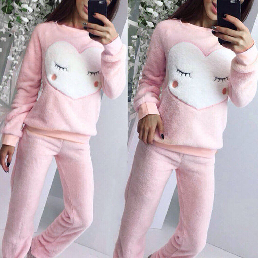 Women Pullover Two Pieces Sweatshirt Pants Trousers Outfits (Pink)(M)-12052