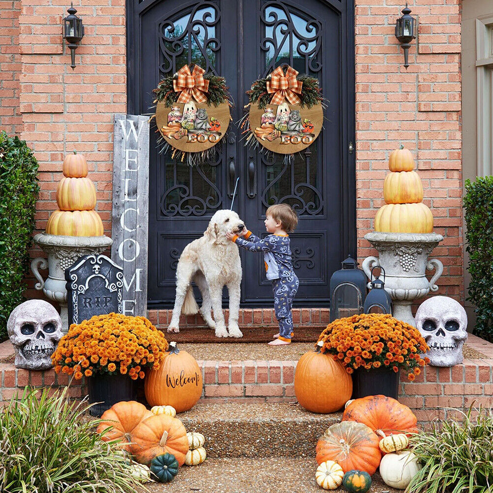 Halloween Pumpkin Bow Wreath Hanging Wooden Door Autumn Garland Pendants
