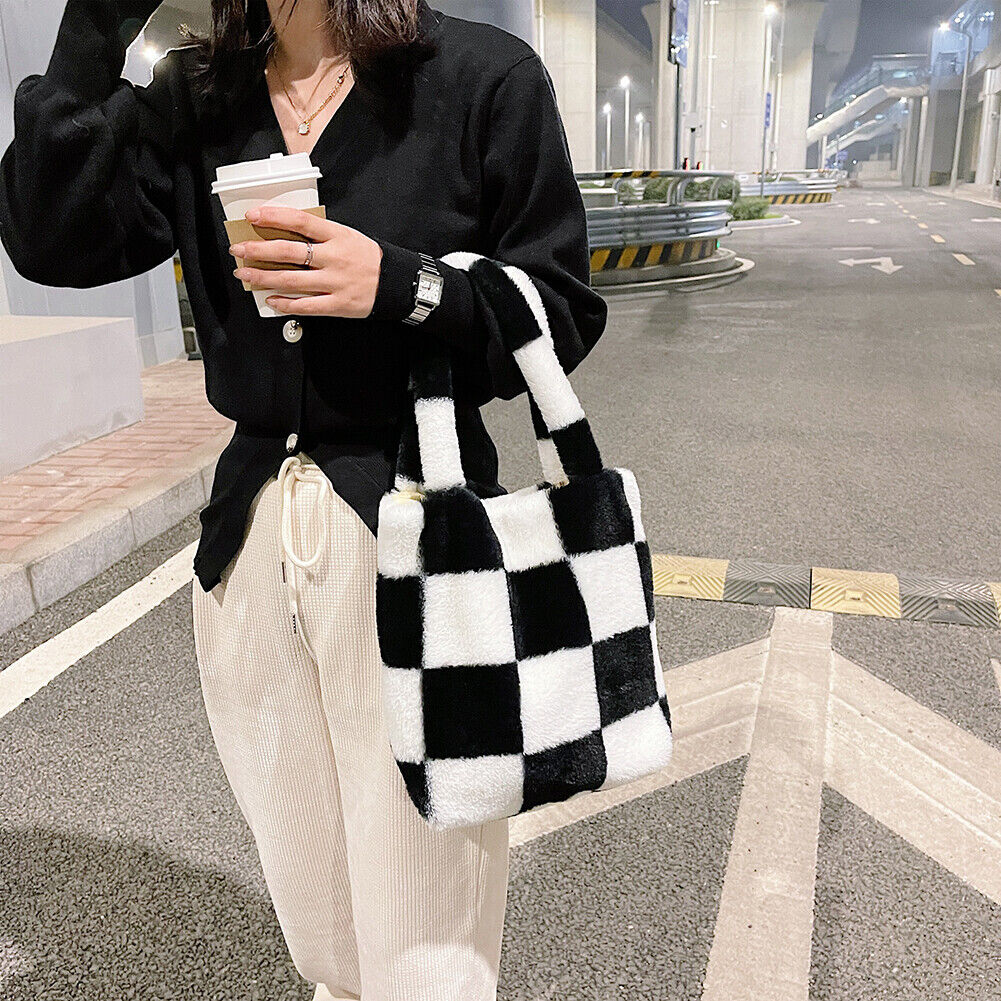 Fashion Checkered Print Shoulder Bag Autumn Winter Plush Hit Color Handbag