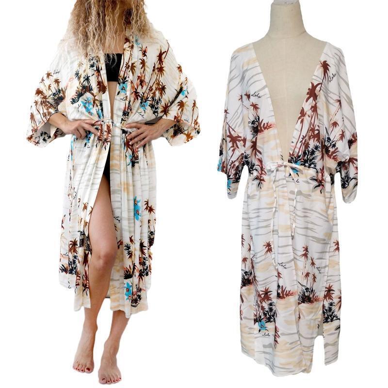 Womens Girls Beach Blouses Leaves Printed Kimono Cardigan Long Bikini Cover Up