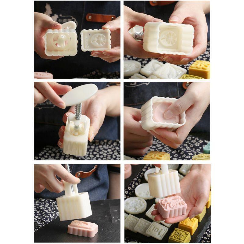 Bean Mooncake Mold with 4pcs Square Flowers Stamps Hand Press Moon Cake Pastry