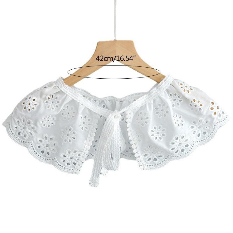 Women Embroidery Lotus Root Pattern Faux Collar Pleated Shawl Lace-Up Cape Scarf